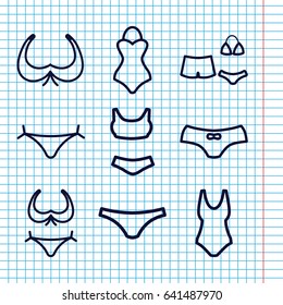 Set of 9 bikini outline icons such as panties with heart, bra, bikini, female underwear, swimsuit