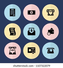 Set of 9 bill filled icons such as atm money withdraw, bill of house sell, wallet