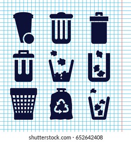 Set of 9 bin filled icons such as trash bin, trash bag