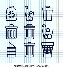 Set of 9 bin outline icons such as trash bag, trash bin