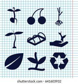 Set of 9 bio filled icons such as plant, leaf, cherry, sprout, greenohuse, recycle