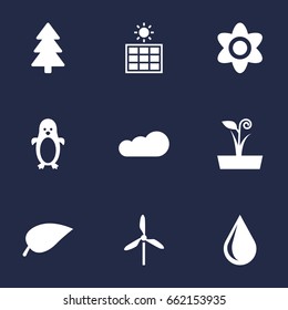 Set Of 9 Bio Icons Set.Collection Of Overcast, Solar Panel, Spruce And Other Elements.