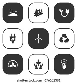 Set Of 9 Bio Icons Set.Collection Of Protection, Fan, Reforestation And Other Elements.