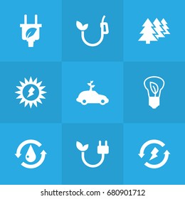 Set Of 9 Bio Icons Set.Collection Of Leaf, Energy, Car And Other Elements.