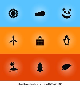 Set Of 9 Bio Icons Set.Collection Of Wind Energy, Isle Beach, Solar Panel And Other Elements.