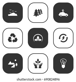 Set Of 9 Bio Icons Set.Collection Of Cleaning, Reforestation, Protection And Other Elements.