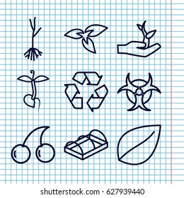 Set of 9 bio outline icons such as plant, leaf, Cherry, sprout, greenohuse, recycle, plant on hand