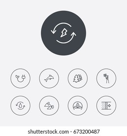 Set Of 9 Bio Outline Icons Set.Collection Of Electricity, Water, Dolphin And Other Elements.