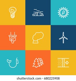 Set Of 9 Bio Outline Icons Set.Collection Of Wind Turbine, Solar, Charge And Other Elements.