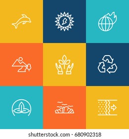 Set Of 9 Bio Outline Icons Set.Collection Of Garbage, Eco, Dolphin And Other Elements.