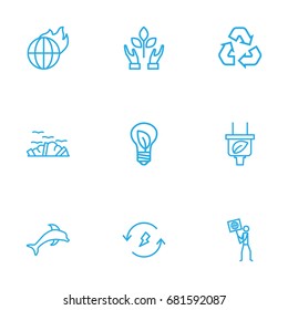 Set Of 9 Bio Outline Icons Set.Collection Of Global Warming, Recycling, Renewable Energy And Other Elements.