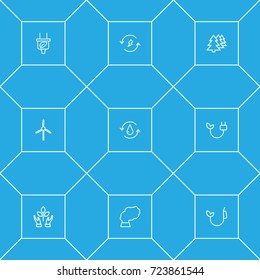 Set Of 9 Bio Outline Icons Set.Collection Of Wind Turbine, Renewable Energy, Afforestation And Other Elements.