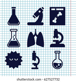 Set of 9 biology filled icons such as microscope, bacteria, x ray, lungs