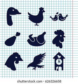 Set of 9 bird filled icons such as chicken, eagle, rooster, goose, meat leg, lovebirds
