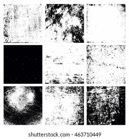 Set of 9 Black Abstract Grunge Textures, Background Templates. Easy to use. Vector Illustration. Damaged, Rough, Detailed Scratched Textures