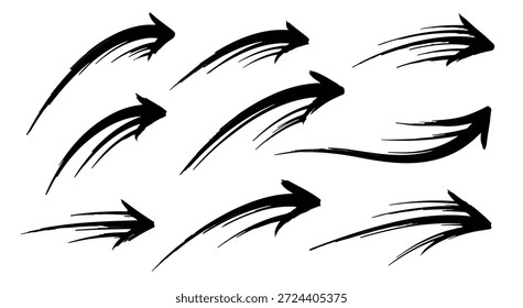 Un conjunto de 9 flechas negras con desenfoque de movimiento sobre fondo blanco