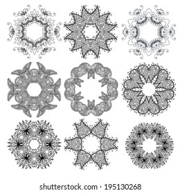 Set of 9 black circle ornament patterns isolated on white background