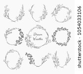 Set of 9 Black Doodle Hand Drawn Decorative Outlined Wreaths with Branches, Herbs, Plants, Leaves and Flowers, Florals. Vector Illustration. Frames, Circles