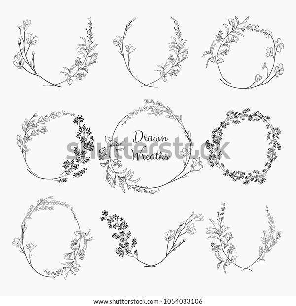 Set of 9 Black Doodle Hand\
Drawn Decorative Outlined Wreaths with Branches, Herbs, Plants,\
Leaves and Flowers, Florals. Vector Illustration. Frames,\
Circles