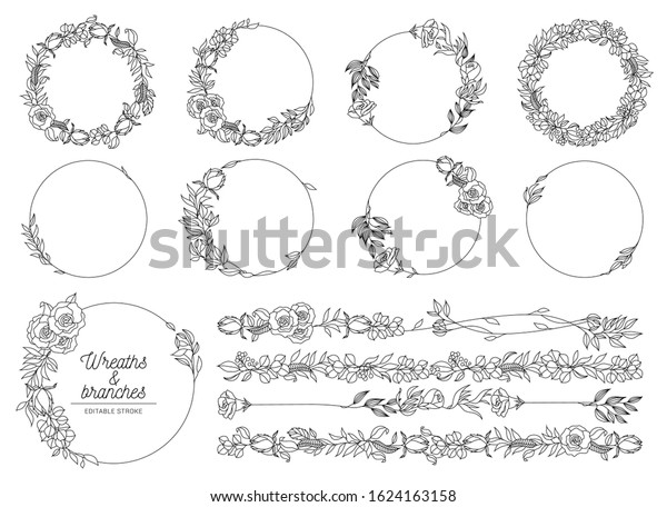 Set of 9\
Black Doodle Hand Drawn Decorative Outlined Wreaths with Branches,\
Herbs, Plants, Leaves and Flowers, Florals and 4 dividers. Vector\
Illustration. Frames,\
Circles