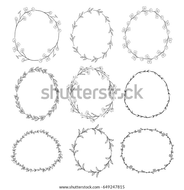 Set of 9 Black Doodle Hand\
Drawn Decorative Outlined Wreaths with Branches, Herbs, Plants,\
Leaves and Flowers, Florals. Vector Illustration. Frames,\
Circles