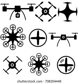Set of 9 black drone icons isolated on white background