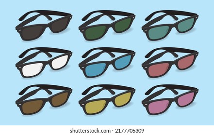Set of 9 black framed sunglasses viewed from an angle