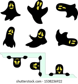 Set 9 Black Funny Ghosts Isolated on white and transparent (vector (EPS ). Different poses and emotions. For Halloween concept, children's games, children's pict, family, joke etc. See other my pict's