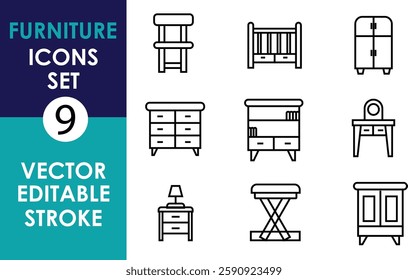 A set of 9 black furniture icons in a minimalistic vector style, including a chair, crib, wardrobe, drawers, bunk bed, vanity table, nightstand, stool, and cabine
