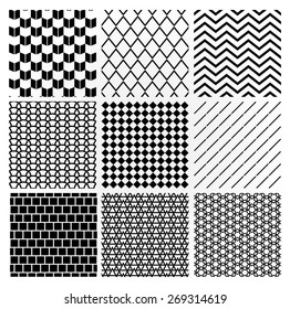 Set of 9 Black Geometric Monochrome Seamless Backgrounds with Pattern Swatches. Transparent Background. Vector Illustration.