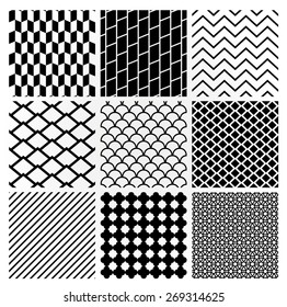 Set of 9 Black Geometric Monochrome Seamless Backgrounds with Pattern Swatches. Transparent Background. Vector Illustration.