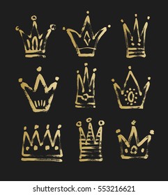 set of 9 black and gold sketch drawing princess and the king crown with paint grungy texture, vector illustration icons collection