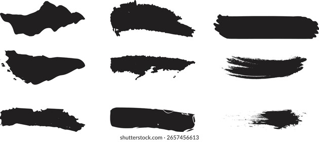 Set von 9 schwarzen Grunge Pinsel Strich Vektorelemente in verschiedenen Formen und Texturen. Perfekt für digitales Design, Banner, Rahmen oder abstrakte Hintergründe. Isolierte, kontrastreiche Tintenschmutzsammlung.