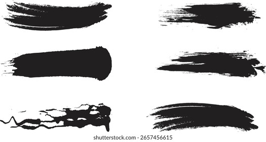 Set of 9 black grunge brush stroke vector elements in various shapes and textures. Perfect for digital design, banners, frames, or abstract backgrounds. Isolated high-contrast ink smudge collection.