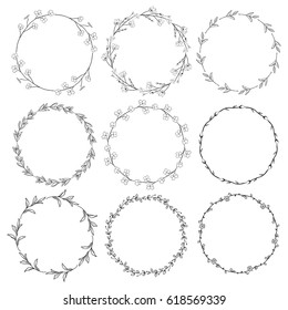 Set of 9 Black Hand Drawn Decorative Outlined Wreaths, Branches, Laurels with Herbs, Plants and Flowers, Florals. Vector Illustration