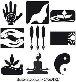 Set of 9 black icons on white background theme being of body and mind