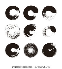 Set of 9 black ink brush stroke circles with Zen style textures. Hand-drawn oriental ink wash painting elements for logo design, Japanese calligraphy, and creative artistic backgrounds.