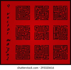 Set of 9 black maze with a red background in the Japanese style. EPS 10.