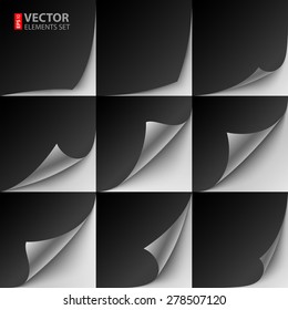 Set of 9 black paper curled corners with realistic shadows. RGB EPS 10 vector illustration