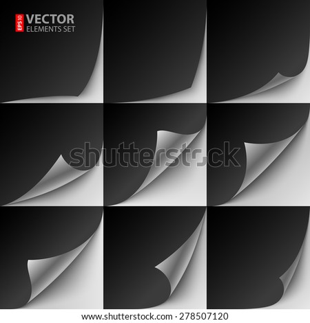 Set of 9 black paper curled corners with realistic shadows. RGB EPS 10 vector illustration