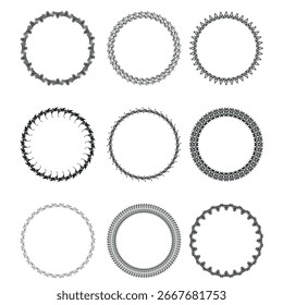 Set of 9 black round vintage vector frames on a white background. eps10