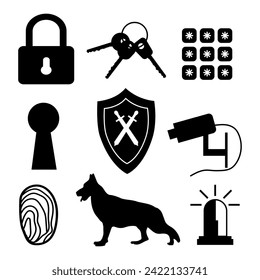 Set of 9 black security icons on a white background. Fingerprint, lock, keys, keyhole, shield, alarm, keypad, dog, surveillance camera. Vector illustration