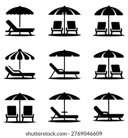A set of 9 black silhouettes featuring various beach chairs and umbrellas in different arrangements on a pure white background