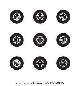 Set of 9 black tire and wheel icons with various unique rim designs, perfect for automotive, mechanic, and transportation projects.