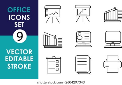 A set of 9 black vector office icons with editable stroke, including charts, graphs, a checklist, documents, a printer, and a computer monitor on a white background