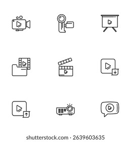A set of 9 black video-related icons, including camera, folder, clapperboard, and projector.