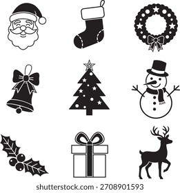 Conjunto de 9 ícones de Natal em preto e branco: Santa, Árvore, Boneco de neve, Holly, Coroa, Vetor de estoque