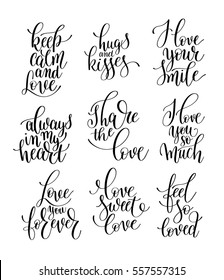 set of 9 black and white hand written lettering romantic quote, love letter to valentine's day design, poster, greeting card, printing, calligraphy vector illustration collections