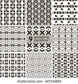 Set of 9 black and white seamless sagittate patterns. Abstract geometric ornaments with arrow-shaped elements. Vector illustration for stylish creative design