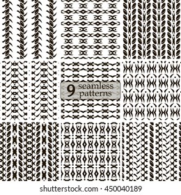 Set of 9 black and white seamless patterns. Abstract geometric ornaments with roundish elements and flourishes. Vector illustration for stylish creative design
